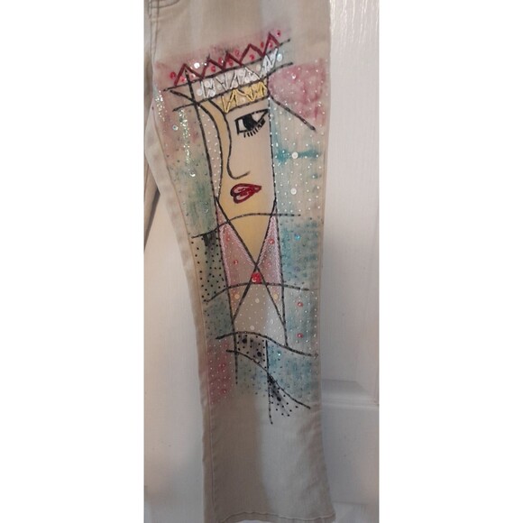 MIX Vintage Beige With Artistic Painted Design Jeans. Boot Cut. Waist 26". B54 - Picture 3 of 7